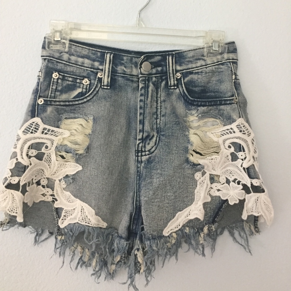 High Waisted Ripped jean shorts with lace